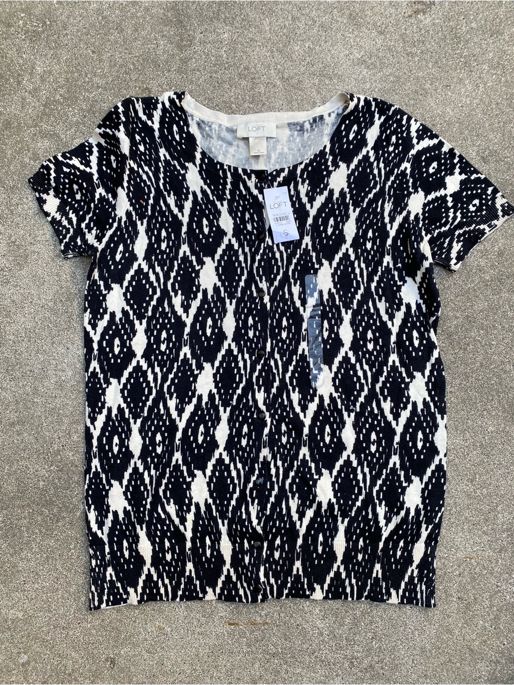 LOFT Black White Ikat Diamond Short Sleeve Knit Cardigan Sweater S NWT
